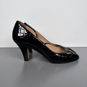 Anyi Lu Handmade In‎ Italy Patent Leather Snakeskin Black Peep Toe Heels Sz 37.5